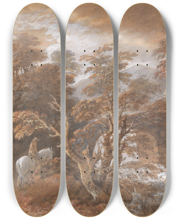 Triptych art skateboard deck of Thomas Gainsborough Hilly Landscape With Figures Approaching A Bridge by Thomas Gainsborough (1727-1788)