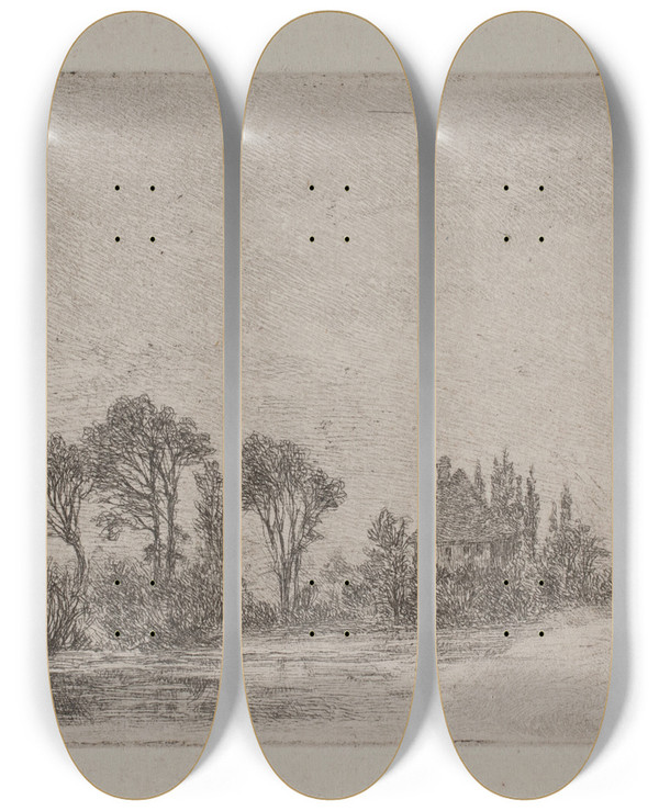 Triptych art skateboard deck of Hans Anton Thiele Landskab Med Trer Ved Et Vand by Hans Anton Thiele