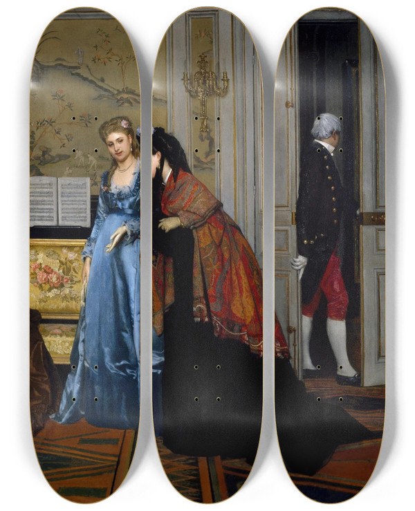 Triptych art skateboard deck of Alfred Stevens Elegant Figures In A Salon by Alfred Stevens (1817-1875)