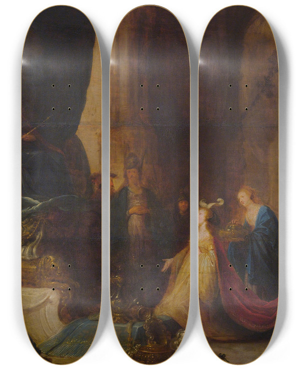 Triptych art skateboard deck of Jacob Willemsz De Wet The Queen Of Sheba Before King Salomon by Jacob Willemsz. de Wet (1610-1671)