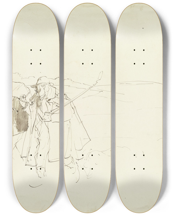 Triptych art skateboard deck of Wilhelm Altheim Ein Schfer Und Ein Hndler Auf Wanderschaft by Wilhelm Altheim (1871-1914)