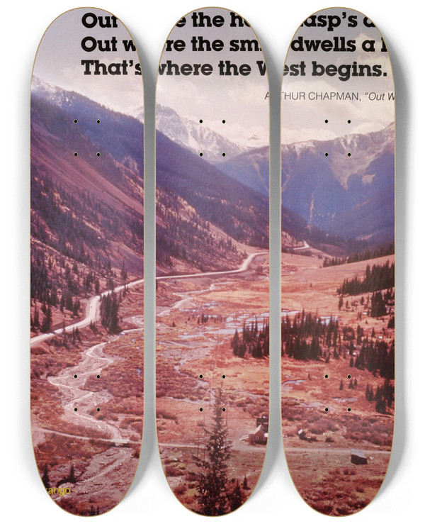 Triptych art skateboard deck of Us Information Agency Scenically Yours Descent Into Silvertown Near Durango Colorado by U S Information Agency (1953-1999)