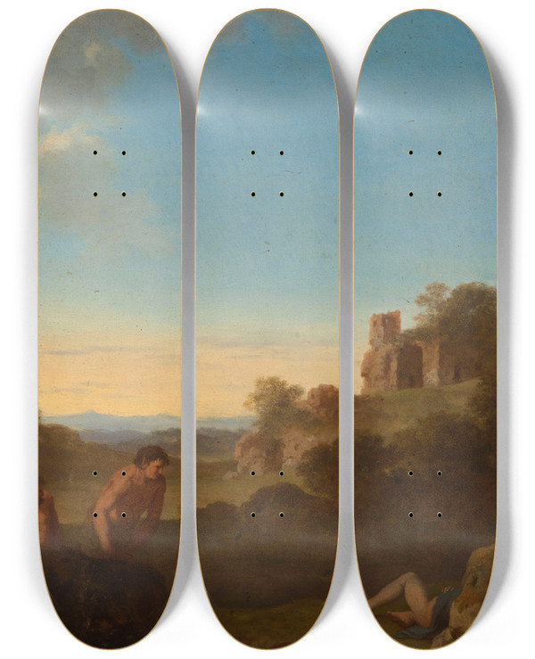 Triptych art skateboard deck of Cornelis Van Poelenburch Satyrs And Sleeping Nymphs Against Italian Landscape_2 by Cornelis Van Poelenburch (1594-1667)