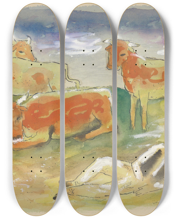 Triptych art skateboard deck of Mikul Galanda Herder With Cows by Mikulas Galanda (1895-1938)