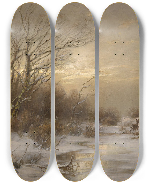 Triptych art skateboard deck of Dsir Thomassin Rehe In Winterlandschaft by Desire Thomassin (1858-1933)