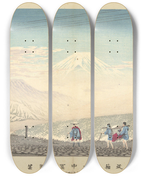 Triptych art skateboard deck of Kobayashi Kiyochika View Of The Fuji In The Hakone Mountains by Kobayashi Kiyochika (1847-1915)