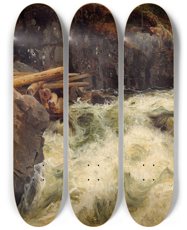 Triptych art skateboard deck of August Cappelen Study Of A Waterfall by August Cappelen (1827-1852)