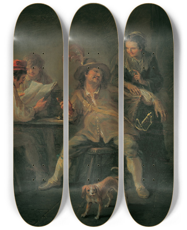 Triptych art skateboard deck of Martin Johann Schmidt Wirtshausszene by Martin Johann Schmidt (1718-1801)