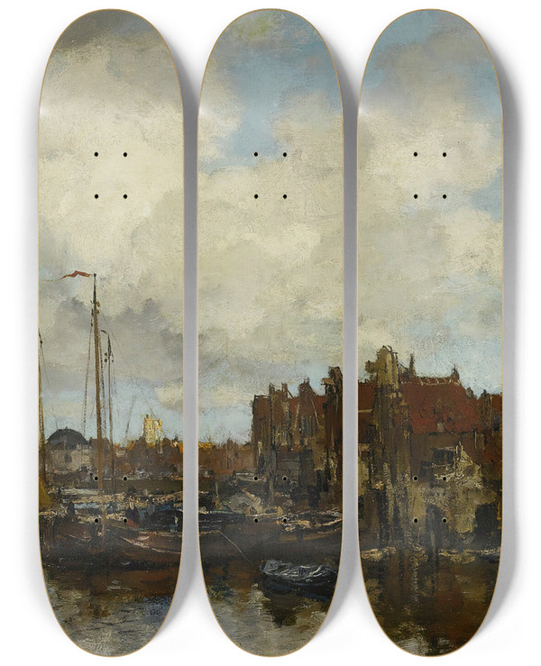 Triptych art skateboard deck of Jacob Maris On The Amstel by Jacob Maris (1837-1899)