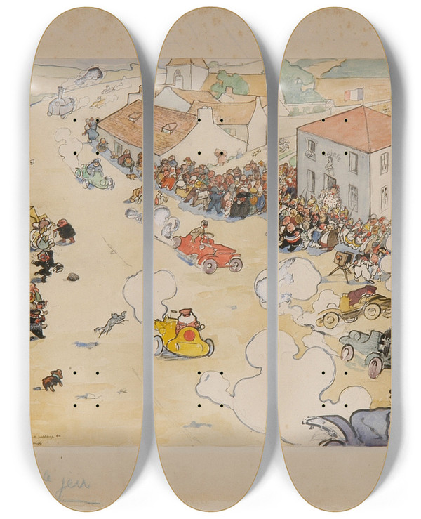 Triptych art skateboard deck of Andr Victor Douard Devambez Le Passage De La Course by Andr Victor douard Devambez (1867-1943)