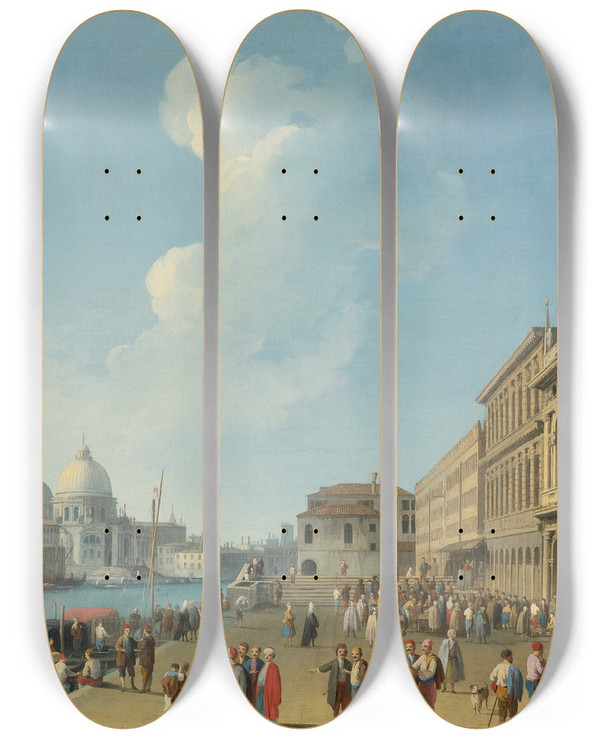 Triptych art skateboard deck of Giovanni Battista Cimaroli Venice A View From The Piazzetta Looking West Towards The Dogana And Santa Maria Della Salute With The Zecca Biblioteca Sansoviniana And Column Of St Theodore by Giovanni Battista Cimaroli (1687-1771)