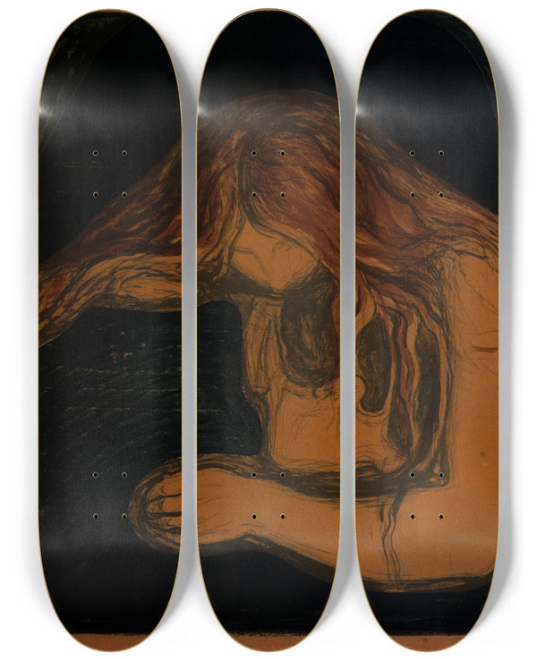 Triptych art skateboard deck of Edvard Munch Vampire Ii by Edvard Munch (1863-1944)