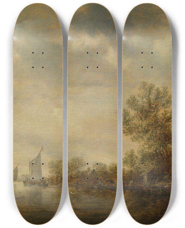 Triptych art skateboard deck of Jan Van Goyen A River Landscape With Sailing Vessels Fishermens Boats And A Ferry With Peasants And Cattle by Jan Van Goyen (1596-1656)