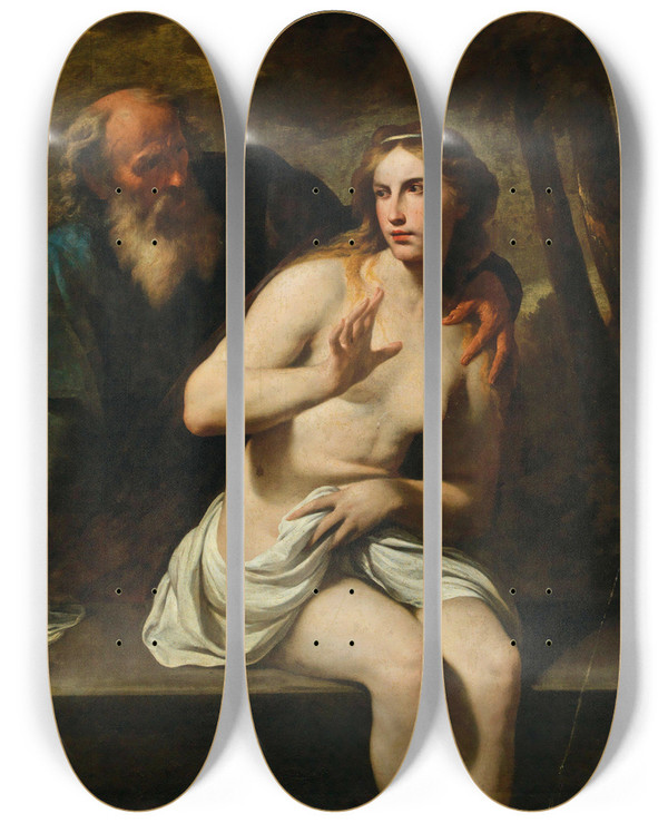 Triptych art skateboard deck of Andrea Vaccaro Susanna And The Elders by Andrea Vaccaro (1604-1670)