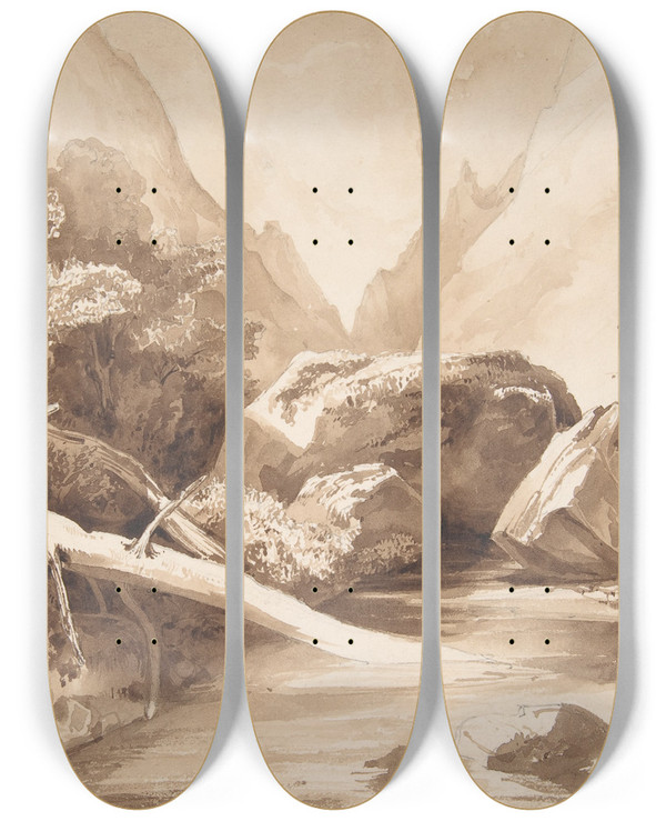 Triptych art skateboard deck of Franz Kobell Mountainous Landscape With A Brook by Franz Kobell (1749-1822)