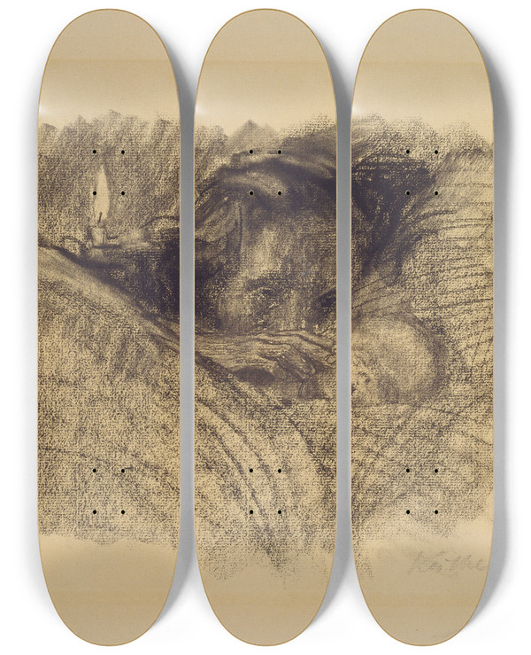 Triptych art skateboard deck of Kthe Kollwitz Mutter Am Bett Des Toten Kindes by Kthe Kollwitz (1867-1945)