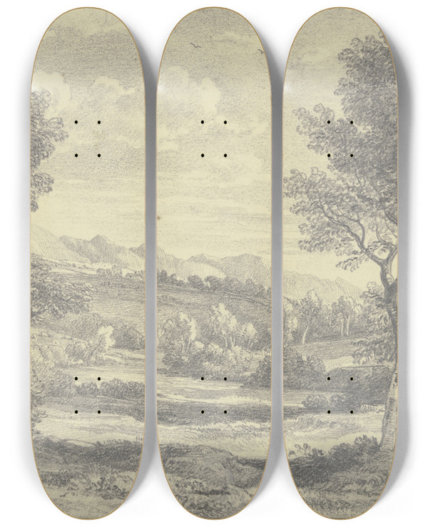 Triptych art skateboard deck of Ramsay Richard Reinagle Baumreiche Landschaft Mit Zwei Schafen Im Vordergrund by Ramsay Richard Reinagle (1775-1862)