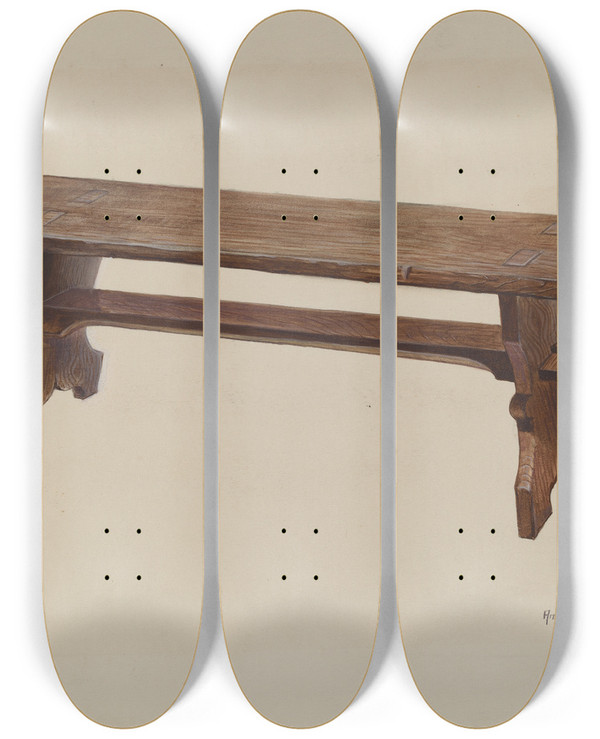 Triptych art skateboard deck of Amos C Brinton Moravian Church Bench by Amos C Brinton
