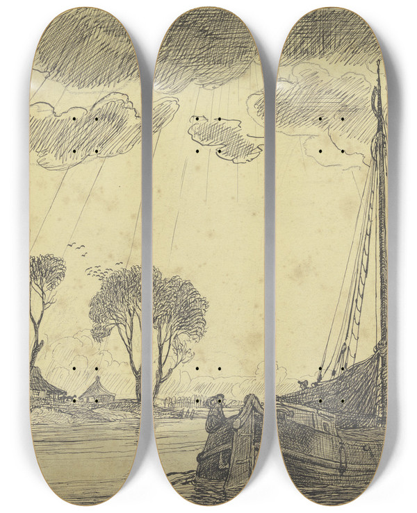 Triptych art skateboard deck of Fritz Boehle Ship On The Main by Fritz Boehle (1873-1916)