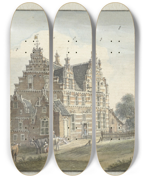 Triptych art skateboard deck of Jan De Beijer Het Huis Den Dam Bij Zutphen by Jan de Beijer (1703-1780)