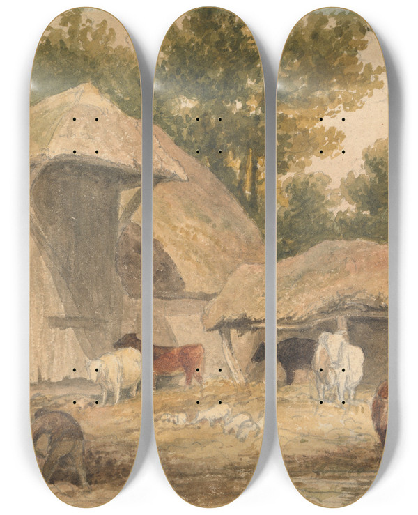 Triptych art skateboard deck of Robert Hills Farmyard With Horses Waiting by Robert Hills (1769-1844)