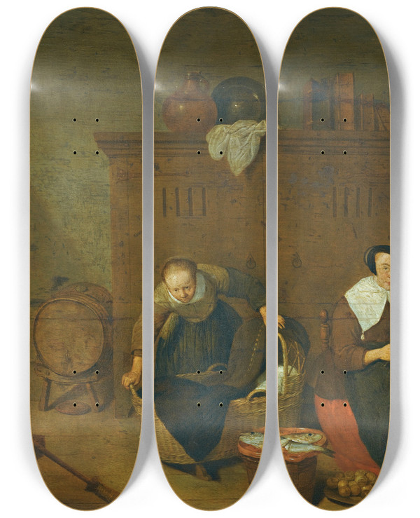Triptych art skateboard deck of Quirijn Van Brekelenkam An Interior With A Woman Peeling Turnips by Quirijn Van Brekelenkam (1622-1669)