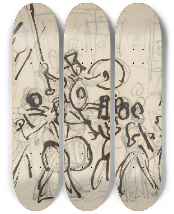 Triptych art skateboard deck of George Cruikshank A Parade by George Cruikshank (1792-1878)