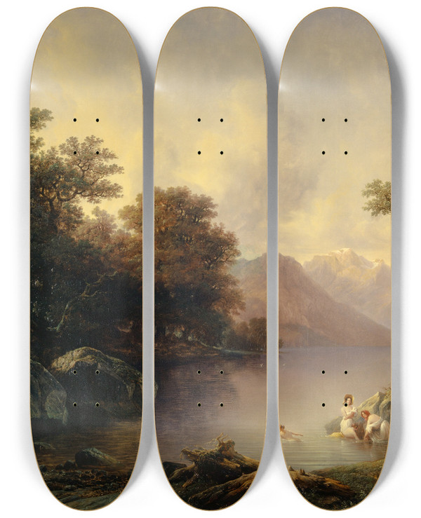 Triptych art skateboard deck of Franois Diday By The Lake Of Brienz The Bathers by Francois Diday (1802-1877)