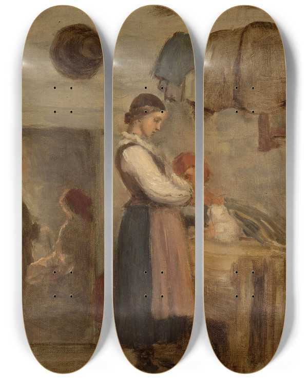 Triptych art skateboard deck of Aleksander Kotsis Peasant Cottage Interior by Aleksander Kotsis (1836-1877)