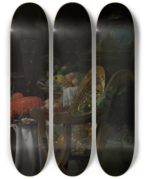 Triptych art skateboard deck of Jan Davidsz De Heem Still Life A Banqueting Scene by Jan Davidsz de Heem (1606-1684)