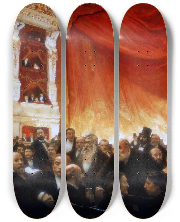 Triptych art skateboard deck of Edouard Dantan Intermission At A 1885 Comdiefranaise Premiere by Edouard Dantan (1848-1897)