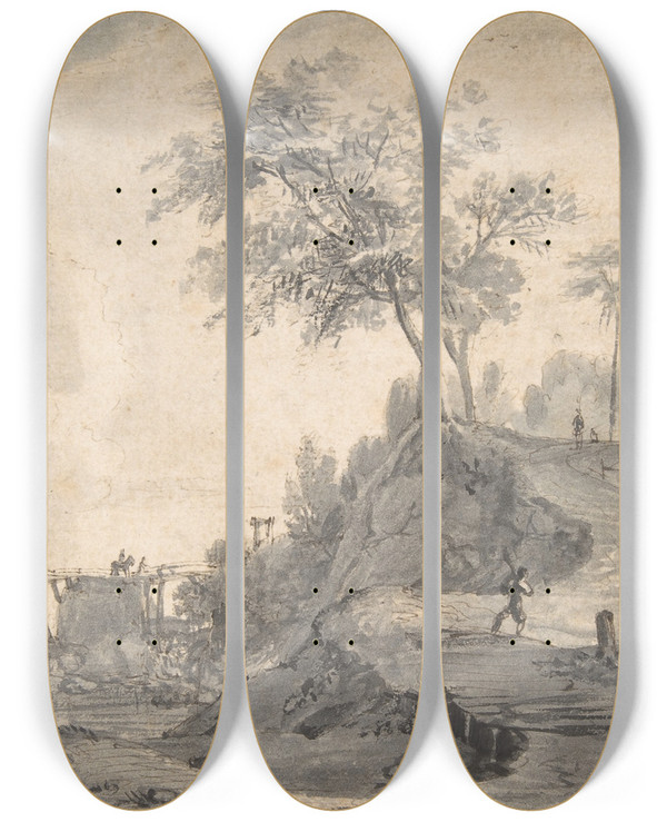 Triptych art skateboard deck of Roelant Roghman Landscape by Roelant Roghman (1627-1692)