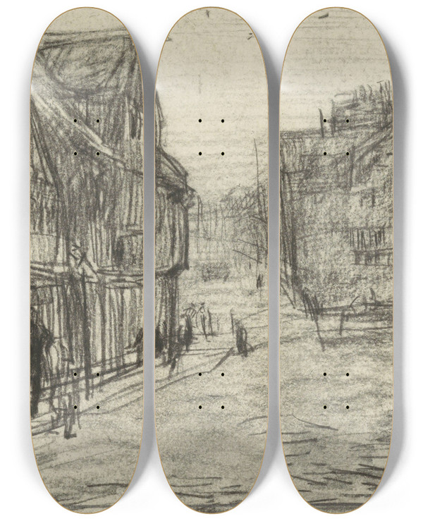 Triptych art skateboard deck of Jan Veth Gezicht In Een Dorp by Jan Veth (1864-1925)