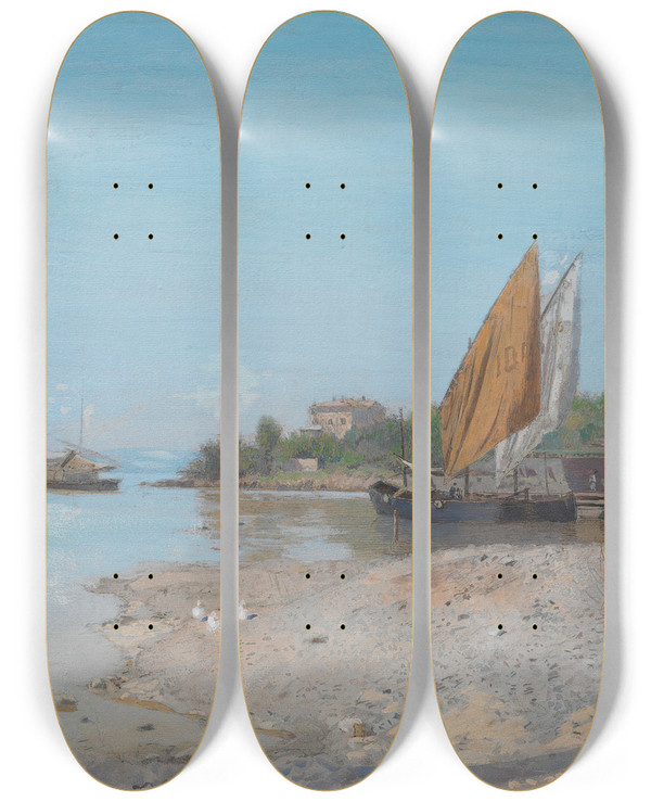 Triptych art skateboard deck of Eugen Jettel Uferlandschaft Der Ika Ika Bei Abbazia by Eugen Jettel (1845-1901)