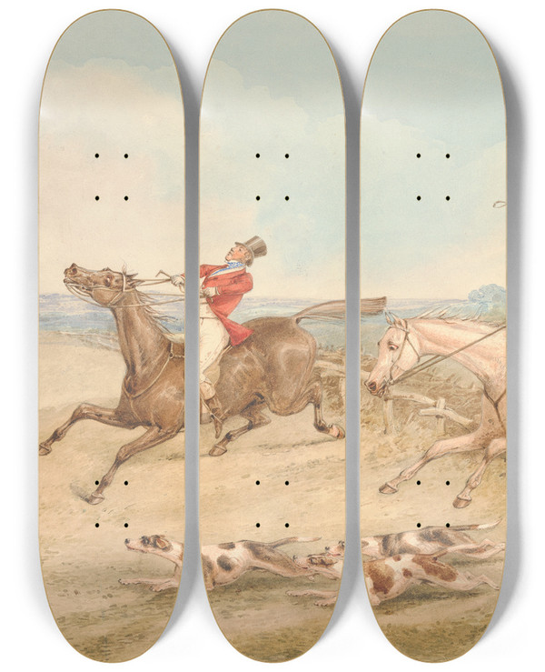 Triptych art skateboard deck of Henry Thomas Alken Jumping A Double Oxer A Rider In Difficulties by Henry Thomas Alken (1785-1851)