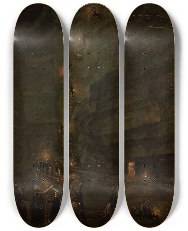 Triptych art skateboard deck of Teodor Baltazar Stachowicz Pond In The Salt Mine At Wieliczka by Teodor Baltazar Stachowicz (1800-1873)