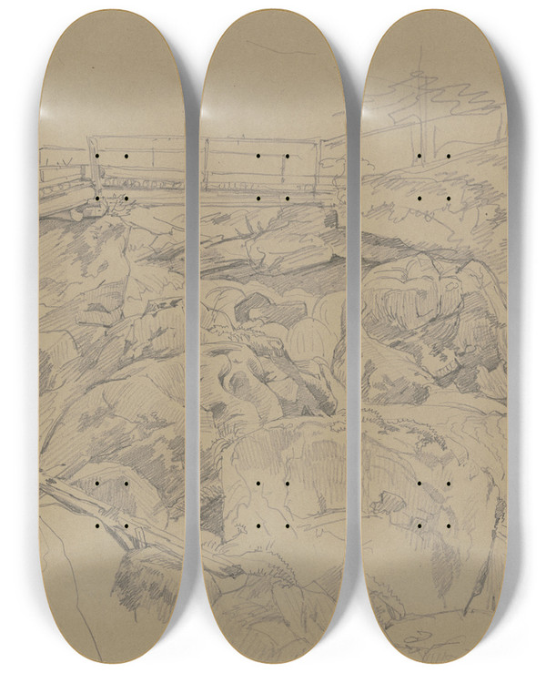 Triptych art skateboard deck of Carl Morgenstern Holzbrcke Ber Felsengerll Bei Hallstadt by Carl Morgenstern (1811-1893)