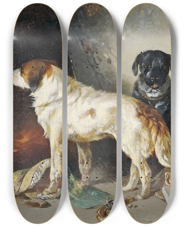 Triptych art skateboard deck of Carl Pischinger Zwei Hunde Mit Einer Kleiderkiste by Carl Pischinger (1823-1886)