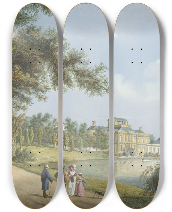 Triptych art skateboard deck of Cornelis De Kruyff Gezicht Op Paleis Soestdijk by Cornelis de Kruyff (1771-1854)