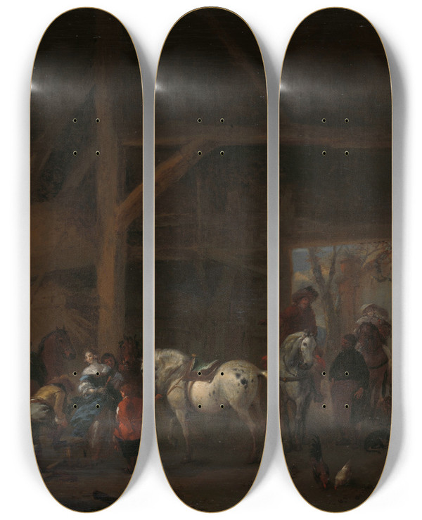 Triptych art skateboard deck of Philips Wouwerman A Stable by Philips Wouwerman (1619-1668)