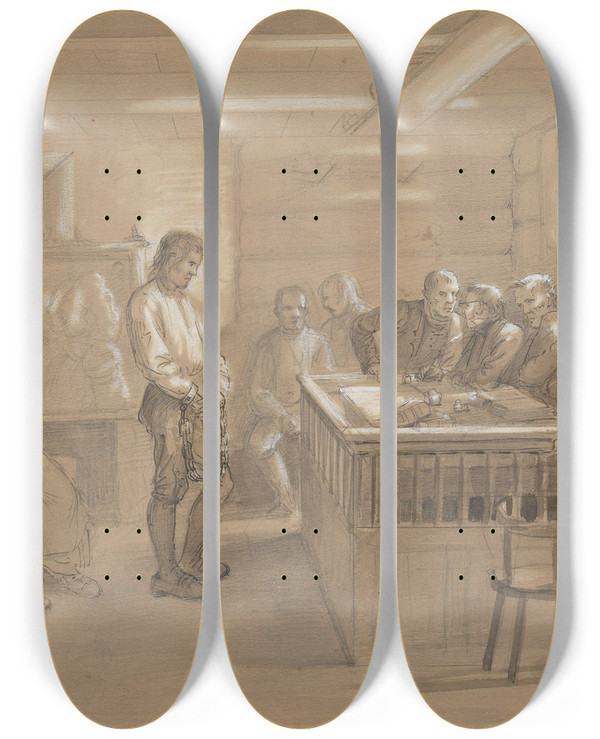 Triptych art skateboard deck of Adolph Tidemand En Rettscene P Landet by Adolph Tidemand (1814-1876)