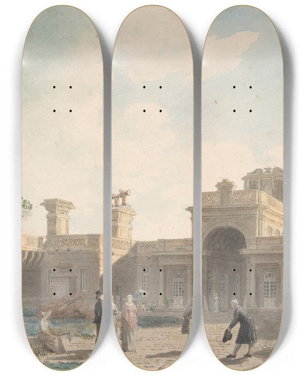 Triptych art skateboard deck of Jean Lubin Vauzelle The Entrance Portico Of The Chteau Danet Seen From The Interior Of The Courtyard by Jean Lubin Vauzelle (1776-1839)