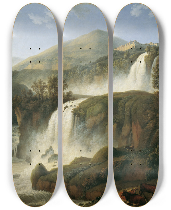 Triptych art skateboard deck of Jakob Philipp Hackert Der Groe Wasserfall Von Tivoli Bei Rom by Jakob Philipp Hackert (1737-1807)