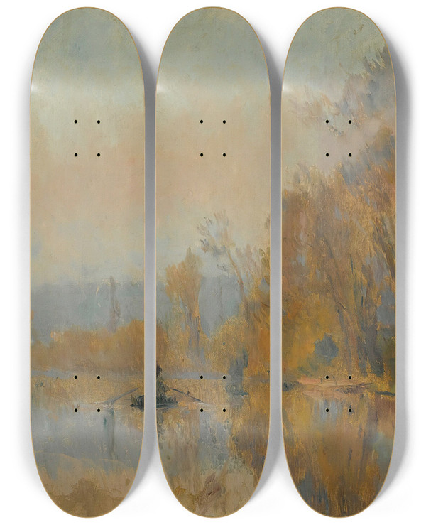 Triptych art skateboard deck of Albert Lebourg Le Passeur by Albert Lebourg (1849-1928)
