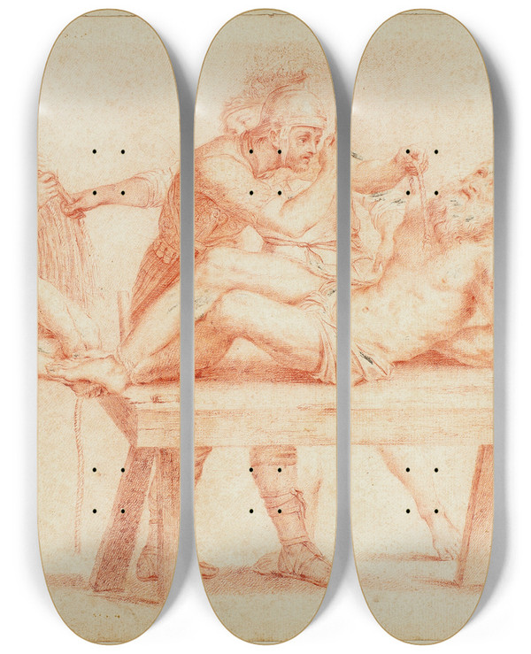 Triptych art skateboard deck of After Domenichino Flagellation Of Saint Andrew by After Domenichino (1581-1641)