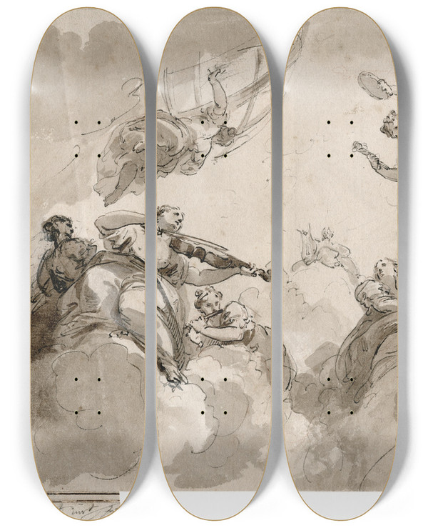 Triptych art skateboard deck of Jacob De Wit Apollo And The Muses by Jacob de Wit (1695-1754)
