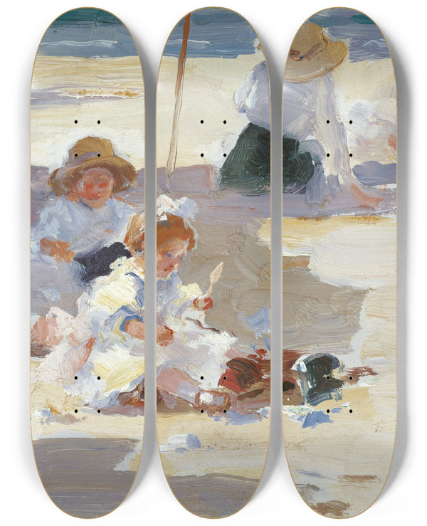 Triptych art skateboard deck of Cecilio Pl Y Gallardo Playing On The Beach by Cecilio Pla Y Gallardo (1860-1934)