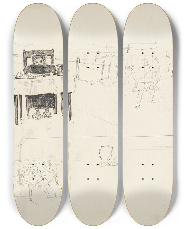 Triptych art skateboard deck of Christian Krohg Man At Table And Landscape With Figures by Christian Krohg (1852-1925)