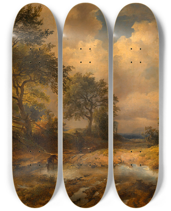 Triptych art skateboard deck of Friedrich August Matthias Gauermann Der Karrenweg Heimkehrender Jger by Friedrich August Matthias Gauermann (1807-1862)
