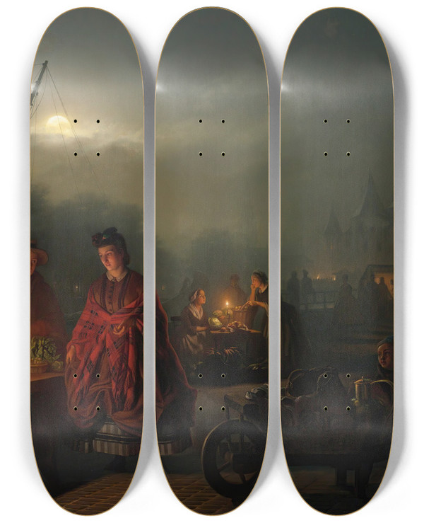Triptych art skateboard deck of Petrus Van Schendel The Night Market by Petrus Van Schendel (1806-1870)